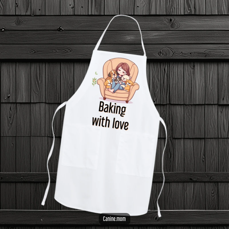 Funny Apron: Woman in a cozy armchair, surrounded by multiple dogs enjoying cuddles during a peaceful moment.
