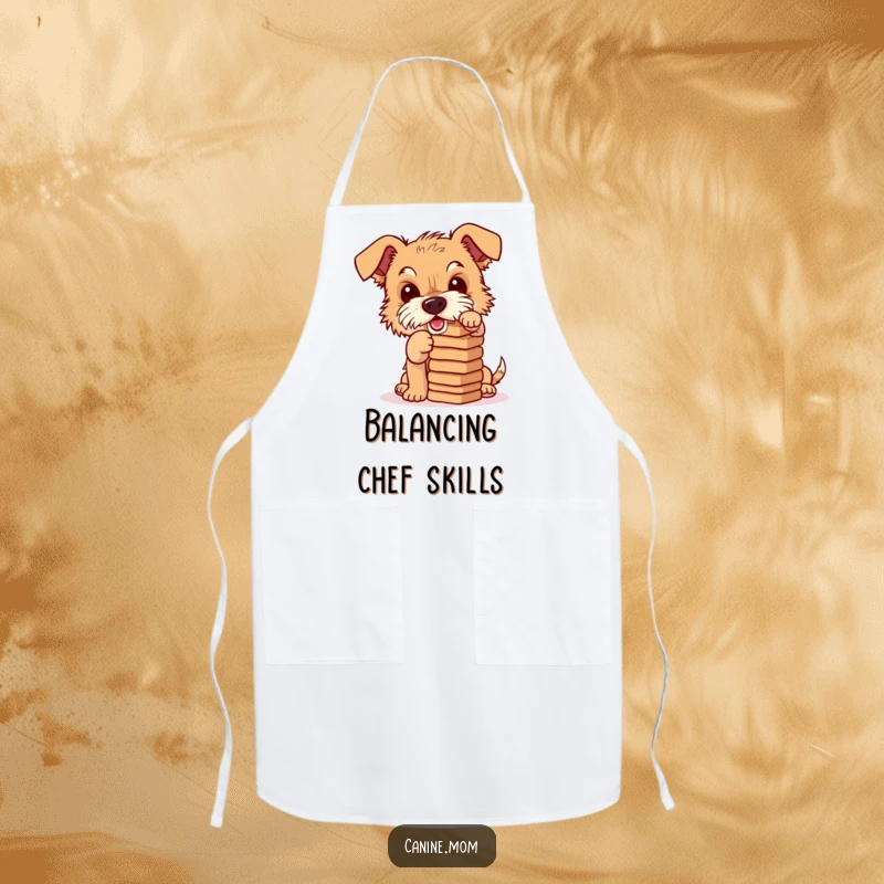 Funny apron featuring a mischievous terrier balancing a stack of dog biscuits, bringing humor to cooking and kitchen activities.