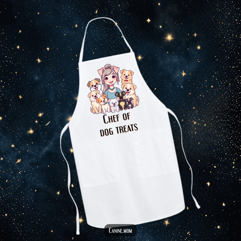 Funny apron showing a happy dog lady in the kitchen surrounded by dogs, ready for baking or cooking fun.
