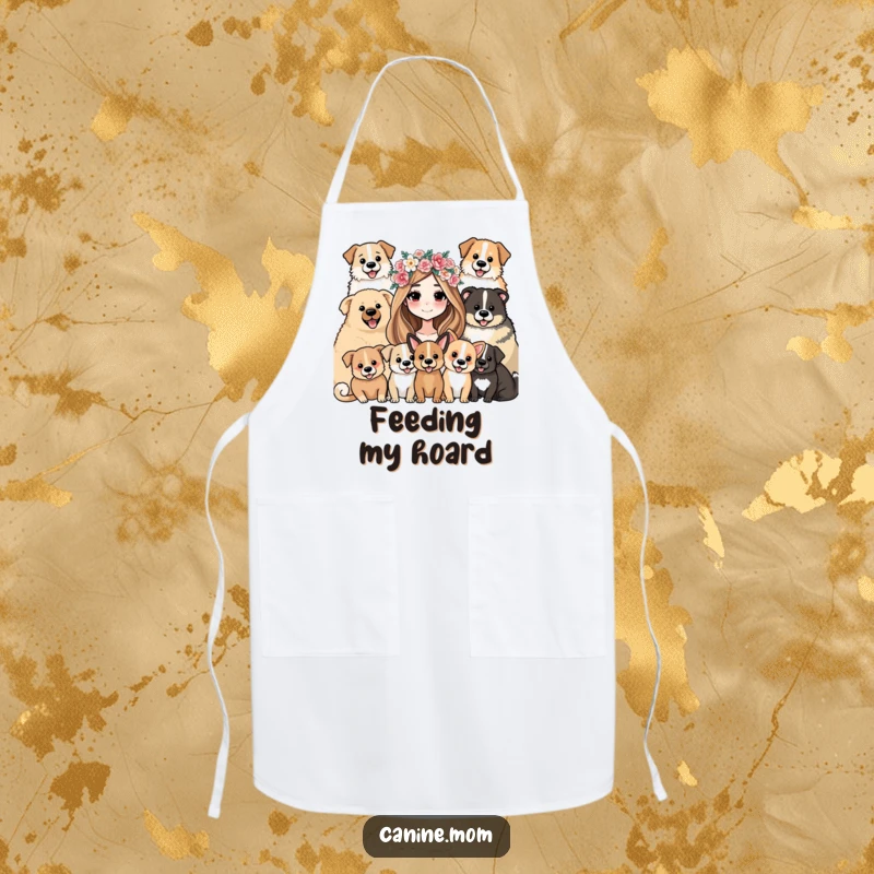 Funny Apron: A woman wearing a flower crown, happily surrounded by numerous dogs while she cooks or bakes.