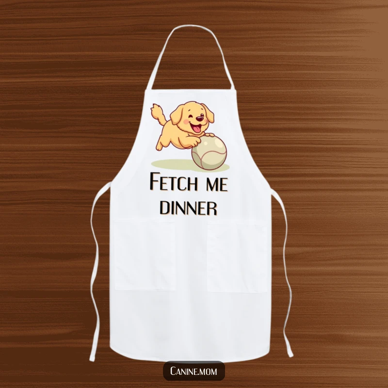 Funny Golden Retriever Apron: A happy golden retriever is depicted in an apron, humorously obsessed with playing fetch even while cooking.