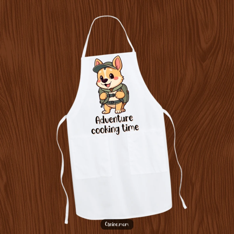 Funny apron with an enthusiastic dog wearing a backpack, ready for culinary adventures, a funny gift.