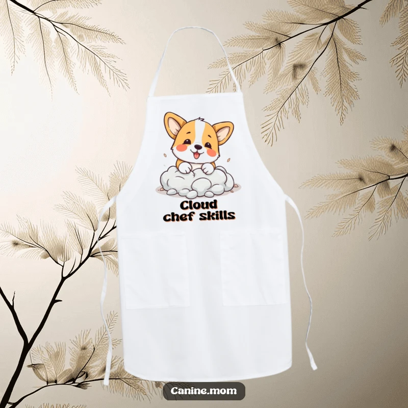 Funny Corgi Apron: A playful corgi is humorously depicted digging a hole in a cloud while wearing a chef's hat.
