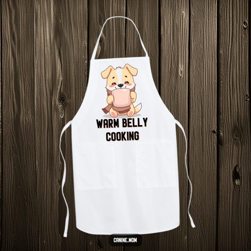 Funny apron featuring a dog in a cozy scarf, happily sipping from a giant mug, perfect for kitchen use and spreading cheer.