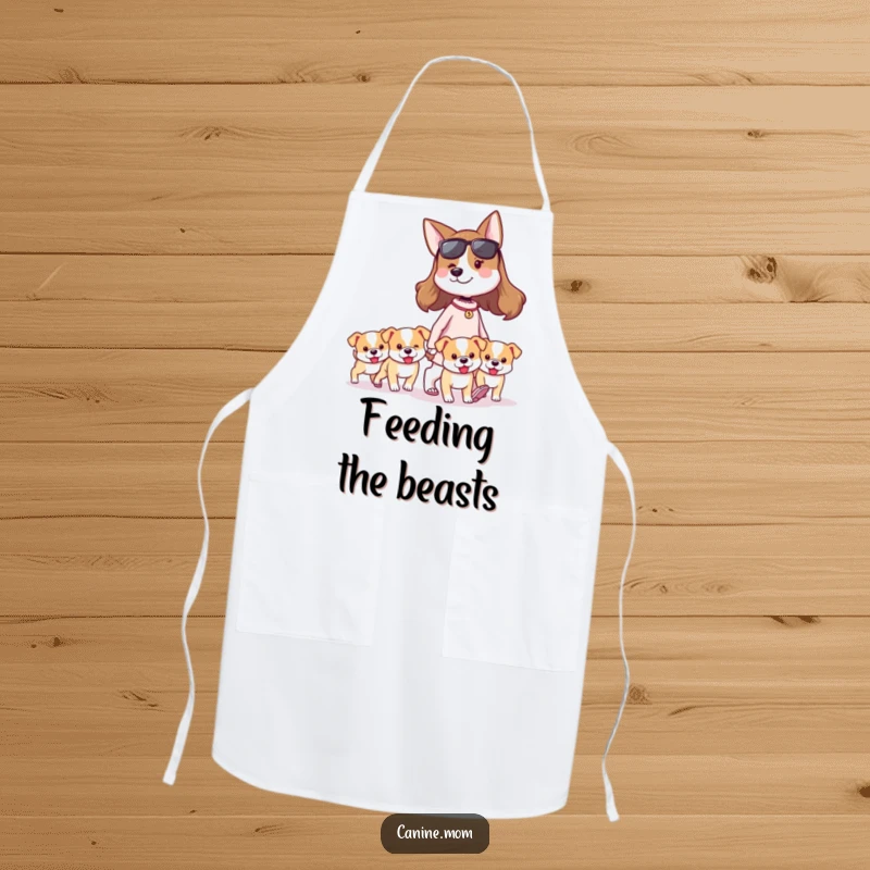 Funny dog lady apron showing a proud woman walking a pack of tiny puppies. A humorous and protective garment for dog lovers in the kitchen.