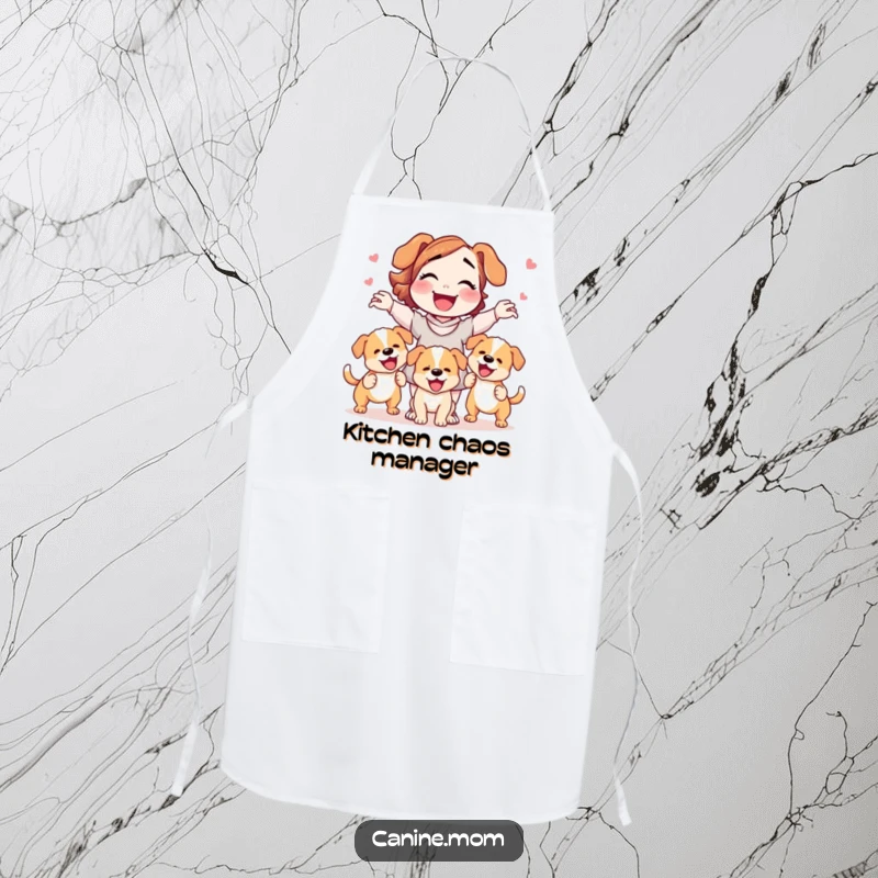 Funny dog lady apron gleefully juggling three wagging puppies, perfect for cooks who love dogs and humor.