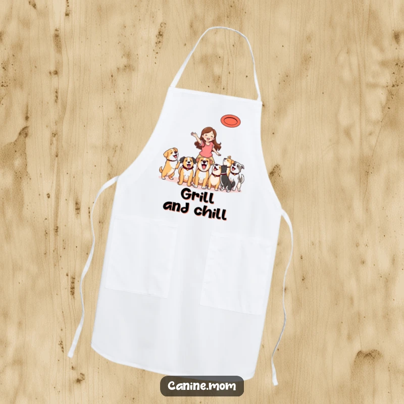 Funny Apron: Woman throwing a frisbee, with several eager dogs reaching for it, perfect for a playful cook.