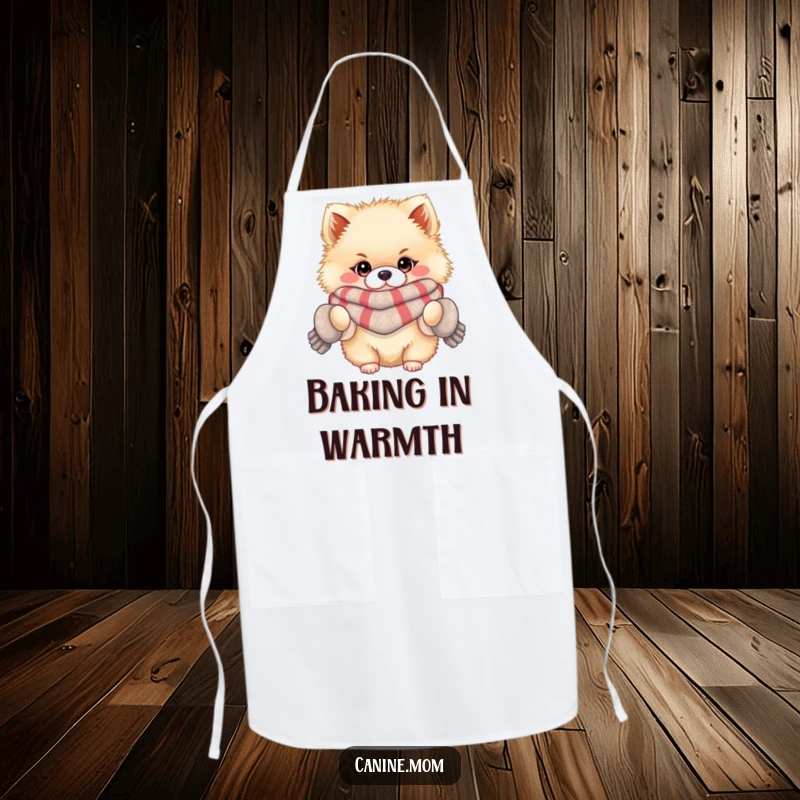 Funny apron featuring a fluffy Pomeranian dressed in a scarf and mittens, ready for culinary adventures with a dose of winter humor.