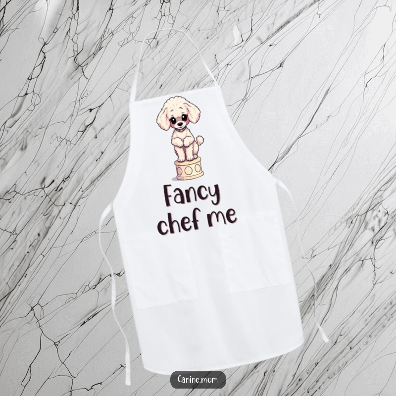 Funny Poodle Apron: A curious poodle is humorously posed elegantly on a pedestal, ready for kitchen duty.
