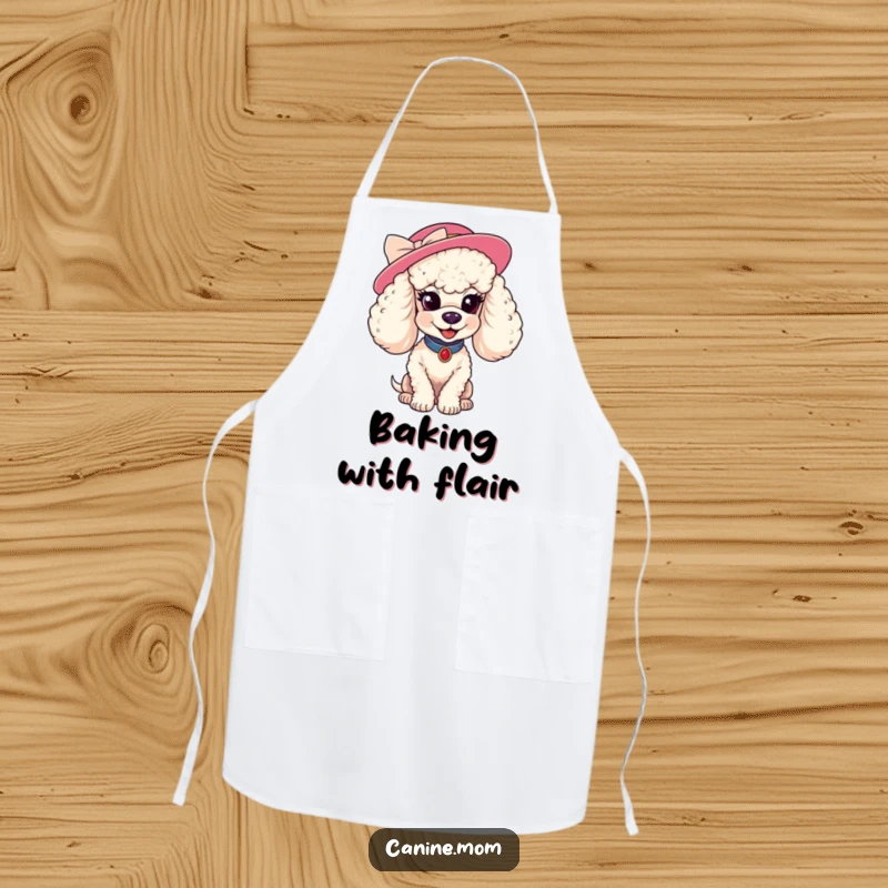 Funny poodle hat apron. A stylish poodle wearing a fancy hat smiles coyly, offering a humorous and fashionable statement for kitchen tasks.