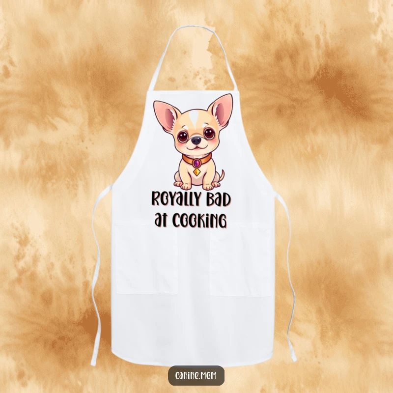 Funny Chihuahua Apron: A dignified chihuahua in a small, decorative collar, looking ready to host a royal banquet. A funny gift for cooks.