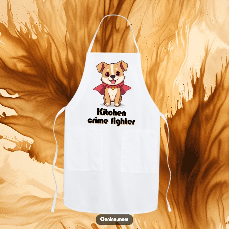 Funny apron with a dynamic dog in a superhero cape, ready to tackle kitchen tasks with energy and a heroic attitude.