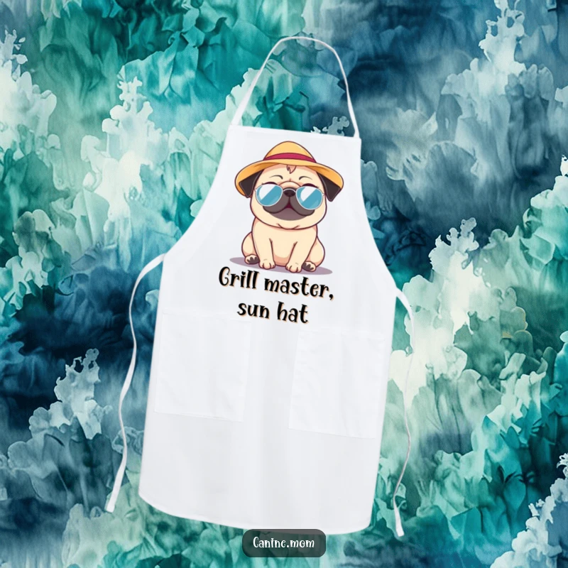 Funny Pug Apron: A pug wearing a tiny sun hat, looking incredibly happy and relaxed on a warm day. A fun funny gift.