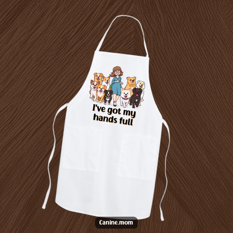 Funny apron showing a dog lady leading a colorful parade of happy, diverse dogs, ready for any outing.