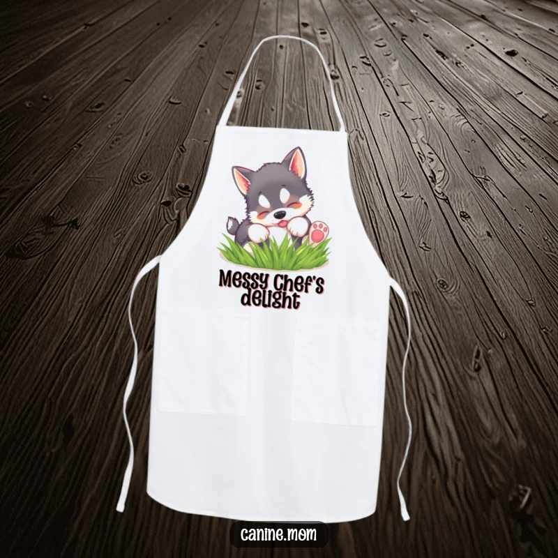 Funny kitchen apron showing a husky puppy playfully rolling in grass, perfect for adding charm to cooking.