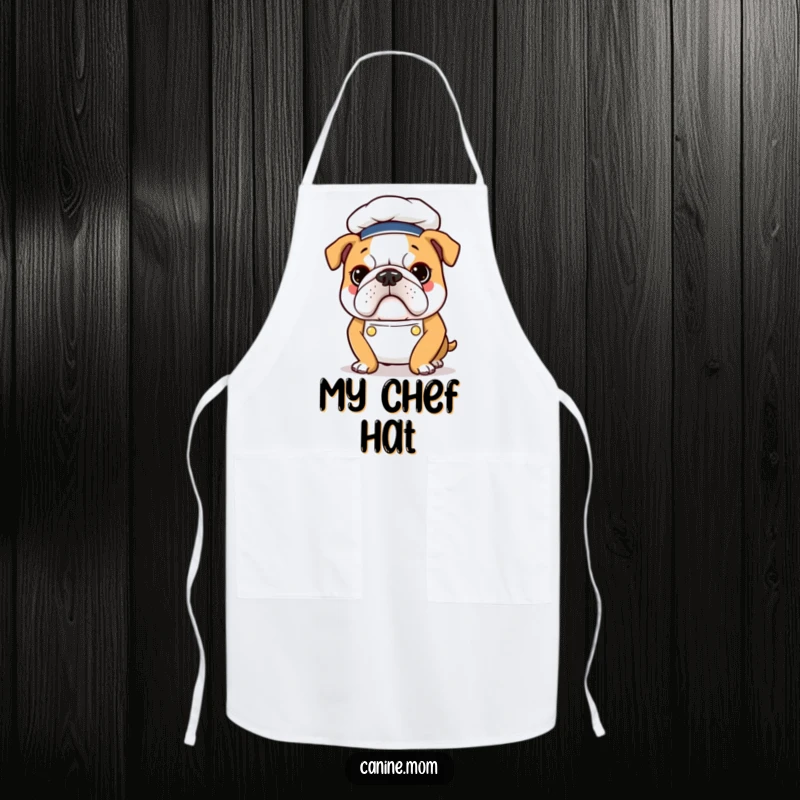 Funny Chef Bulldog Apron: A determined bulldog wears a chef hat and apron, ready for a humorous cooking session.