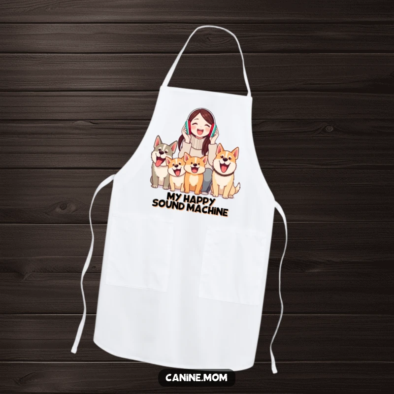 Funny apron: a woman wearing earmuffs, cooking happily while dogs bark joyfully, making kitchen duty a hilarious affair.