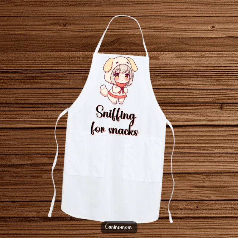 Funny Apron: Woman in a dog costume, happily wagging a tail while cooking or baking.