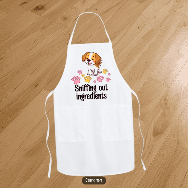 Funny Beagle apron showing a smiling dog happily sniffing a trail of giant, colorful paw prints, perfect for kitchen tasks with humor.