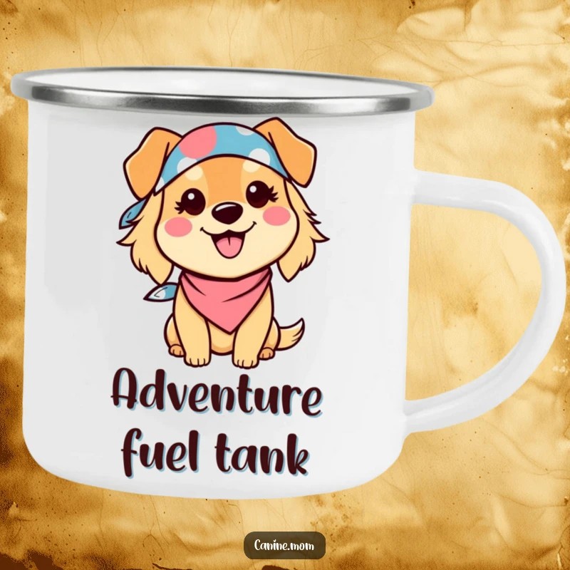 Funny Dog Lady Camping Mug featuring a kawaii character in a bandana with a big smile, perfect for hot beverages on the go. Funny gift.