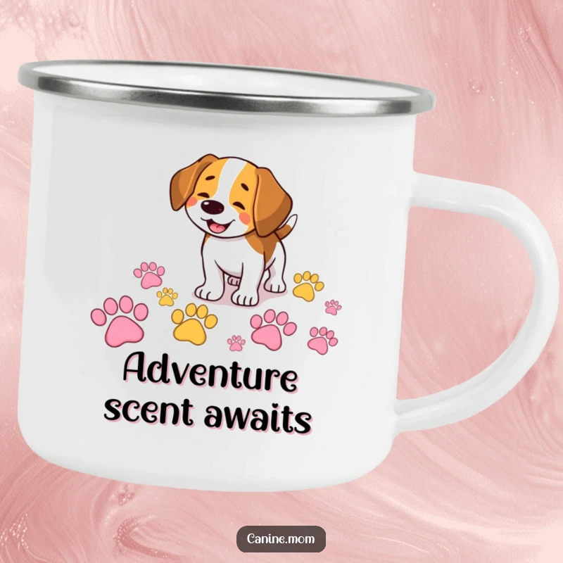 Funny Beagle camping mug showing a smiling dog happily sniffing a trail of giant, colorful paw prints, perfect for outdoor drinks.