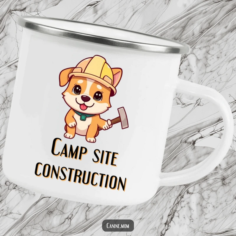 Funny camping mug with a determined dog wearing a construction helmet, ready for tough jobs, a funny gift.
