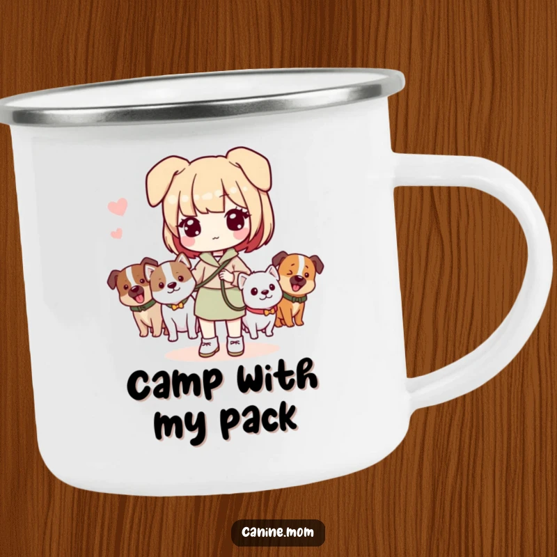 Funny camping mug with a Kawaii dog lady holding a leash and dogs, ready for adventures with her furry companions.
