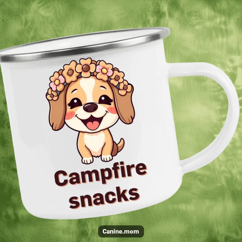 Funny dog lady camping mug with a joyful woman wearing a flower crown made of dog biscuits. Ideal for outdoor enthusiasts and coffee lovers.