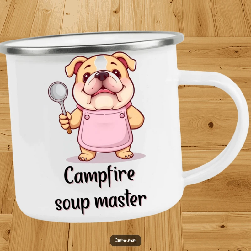Funny bulldog chef camping mug. A bulldog in an apron holds a soup ladle, perfect for enjoying drinks during outdoor cooking adventures.