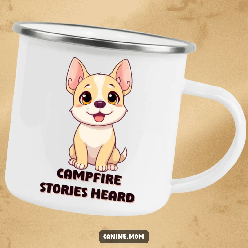 Funny dog camping mug with a dog's ears perked high, ready to listen for fun sounds on any adventure.