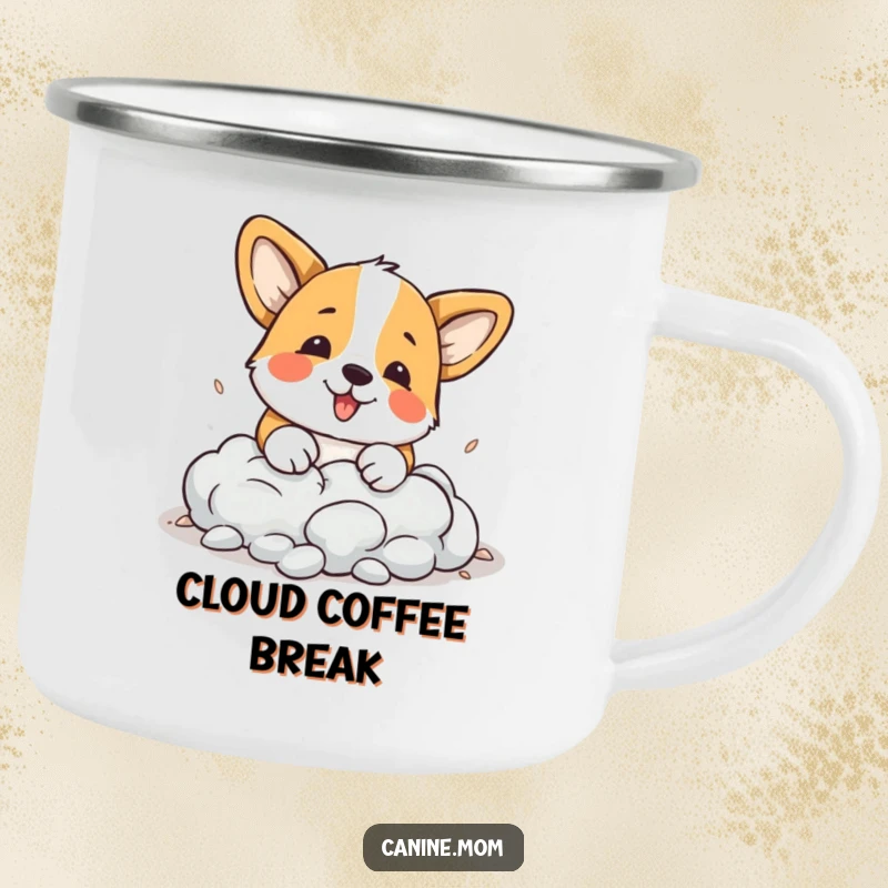 Funny Corgi Camping Mug: A playful corgi humorously digs into a cloud, perfect for outdoor drinks and whimsical moments.