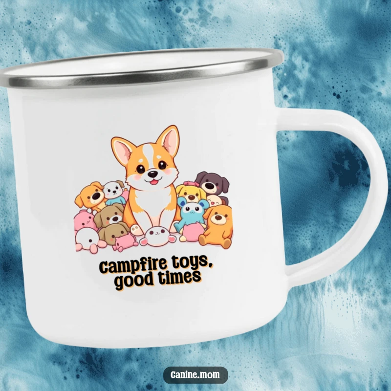 Funny Corgi Camping Mug: A corgi sits amidst a pile of colorful dog toys, ready for any adventure. A fun funny gift.