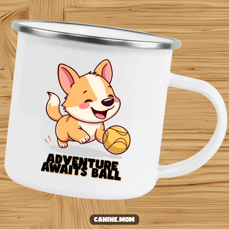 Funny dog camping mug with a happy dog, tongue out, ready to chase a ball, perfect for outdoor enthusiasts.