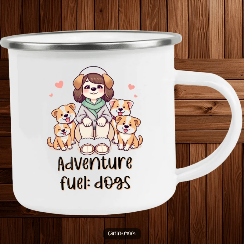 Funny enamel camping mug: a dog lady in slippers, surrounded by happy dogs, enjoying the great outdoors.