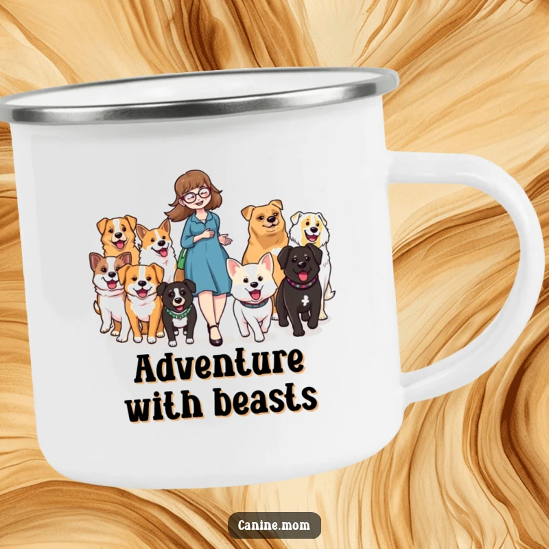 Funny camping mug with a dog lady leading a parade of happy dogs, ready for any outdoor excursion.