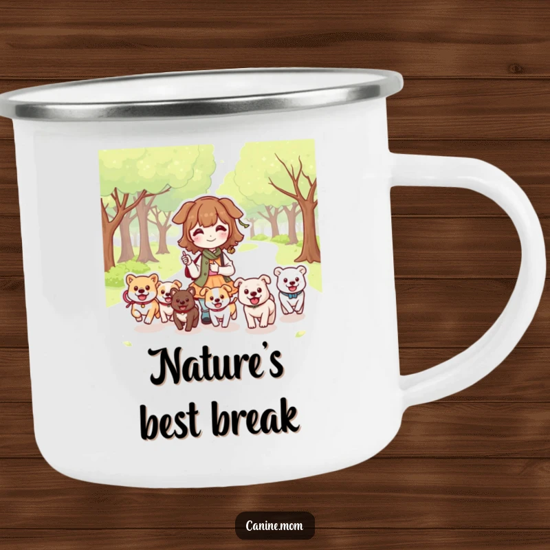 Funny Dog Lady Camping Mug: Kawaii character relaxing in a park with happy dogs running. Ideal funny gift for outdoor enthusiasts.