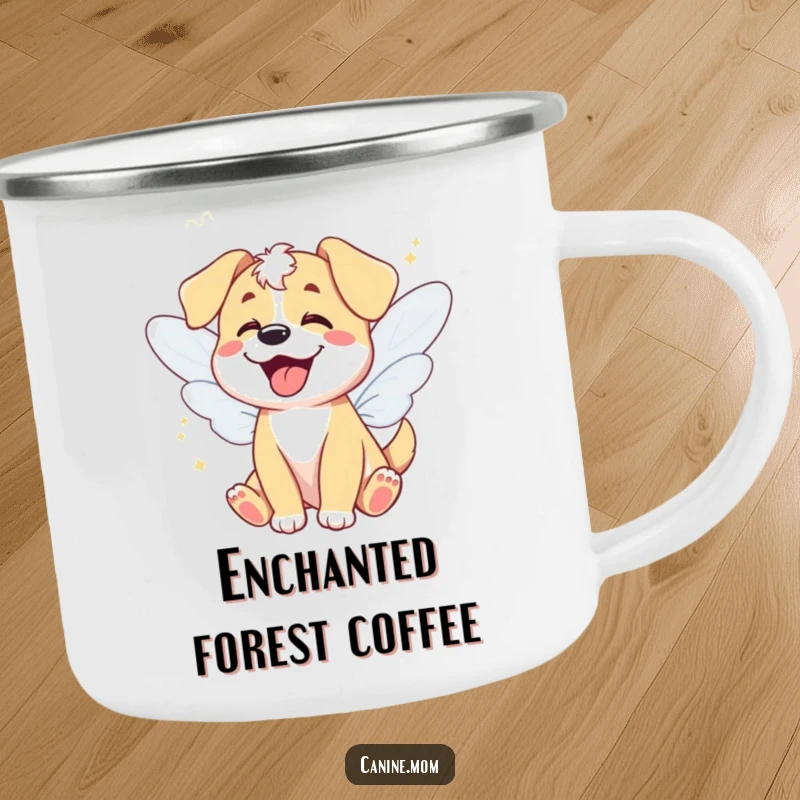 Funny camping mug with a giggling dog wearing fairy wings, perfect for enchanted outdoor sips, a funny gift.