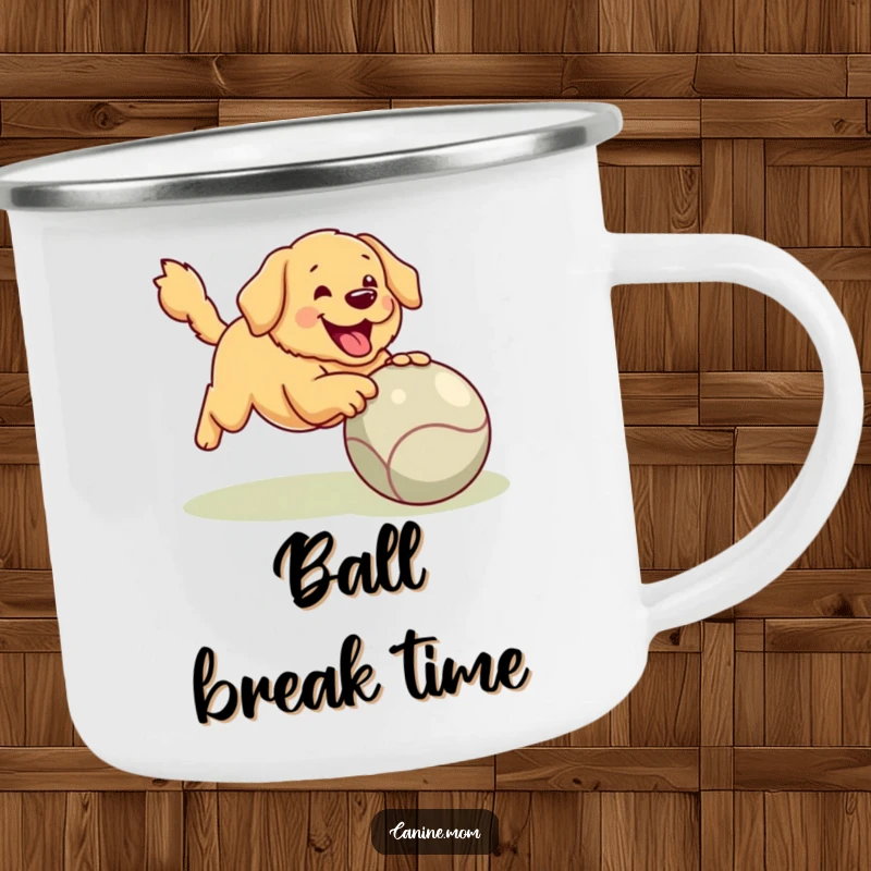 Funny Golden Retriever Camping Mug: A happy dog with a giant ball on an outdoor adventure, ready for a hot beverage.