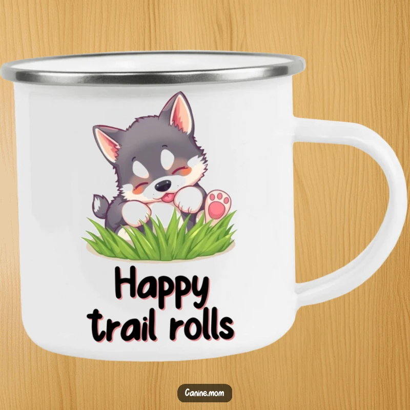 Funny camping mug with a husky puppy playfully rolling in grass, ideal for energetic outdoor adventures.