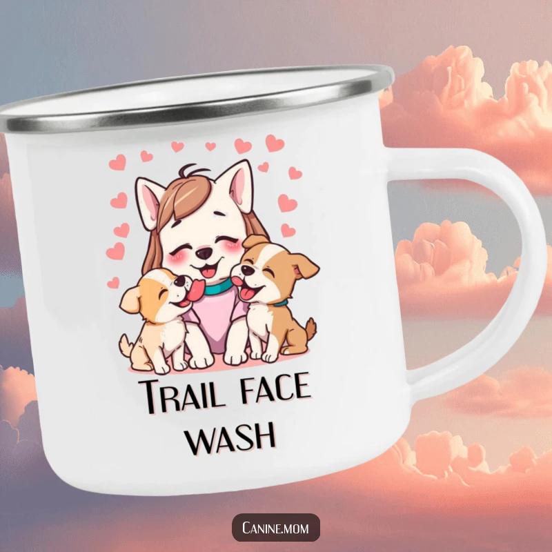 Funny camping mug showing a dog lady receiving happy licks from dogs, ideal for outdoor adventures.