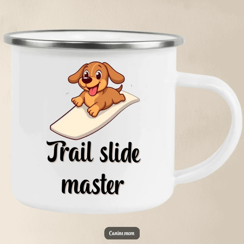 Funny camping mug with a cheerful dachshund zooming down a slide on its belly, perfect for outdoor coffee breaks and laughs.