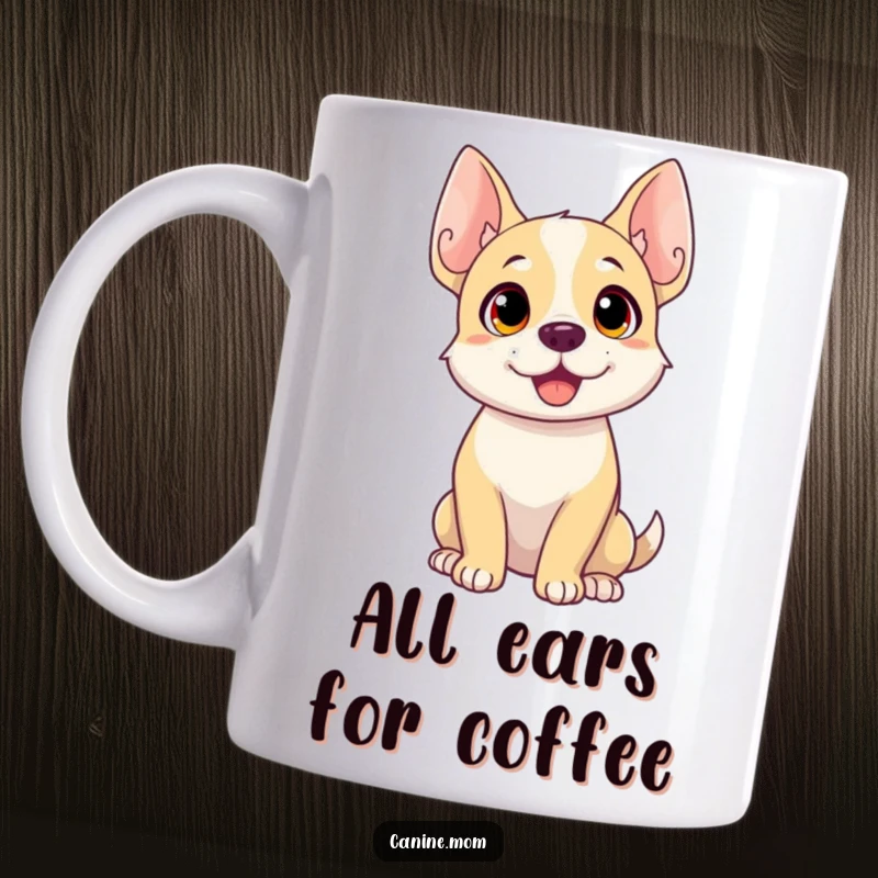 Funny dog mug with a dog whose ears are perked straight up, head tilted, attentively listening with curiosity.
