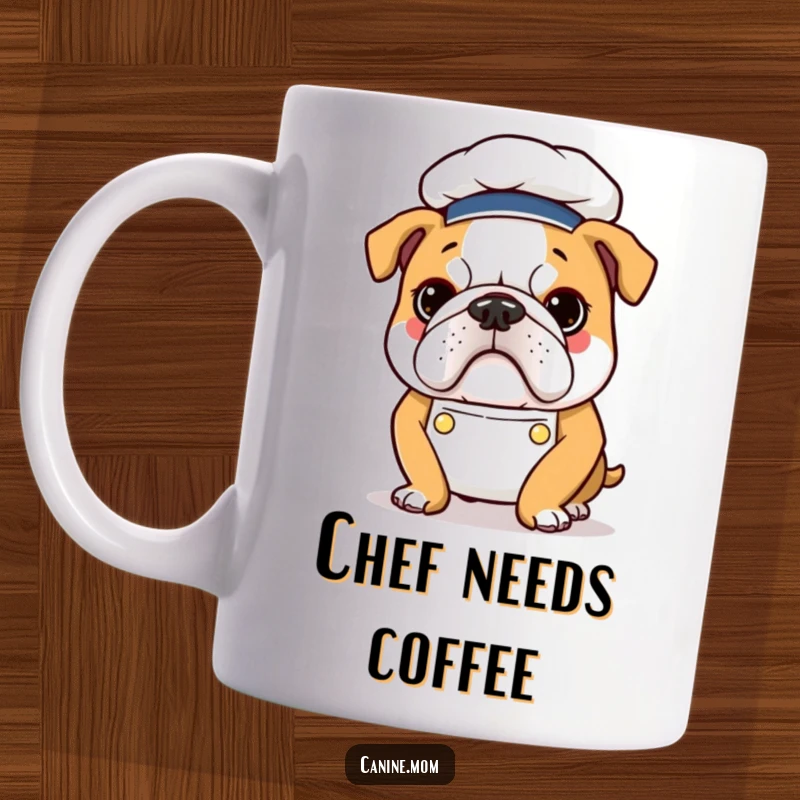 Funny Bulldog Chef Mug: A determined bulldog wears a tiny chef hat and apron, ready to cook with humorous intensity.
