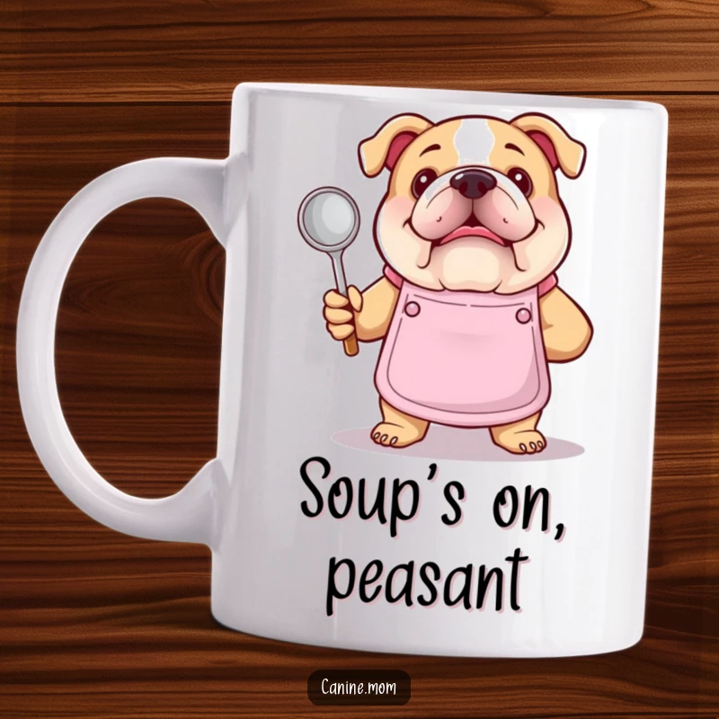 Funny bulldog chef mug. A bulldog in an apron proudly holds a soup ladle, ready to cook with a charming, determined expression.
