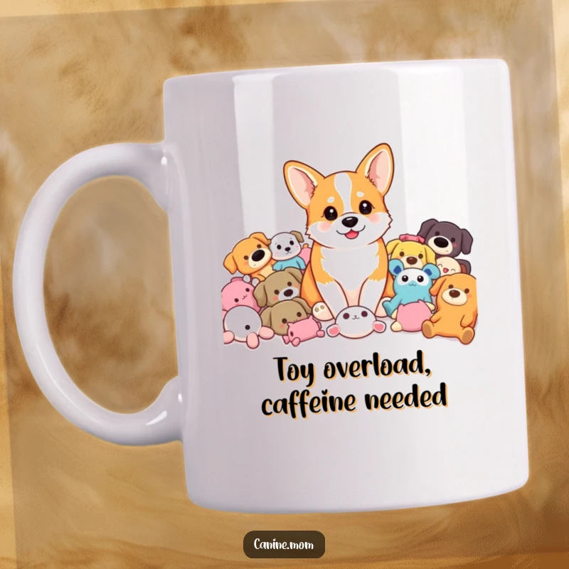 Funny Corgi Mug: A happy corgi sits contentedly amidst a vibrant pile of colorful dog toys. A delightful funny gift.
