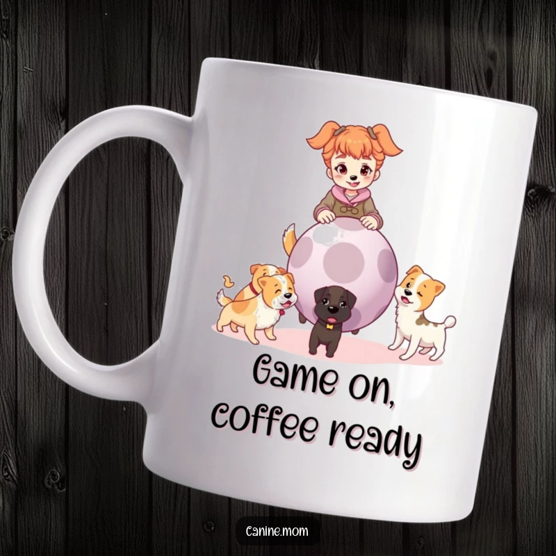 Funny mug showing a determined dog lady holding a comically large ball, surrounded by many excited dogs ready for fetch.