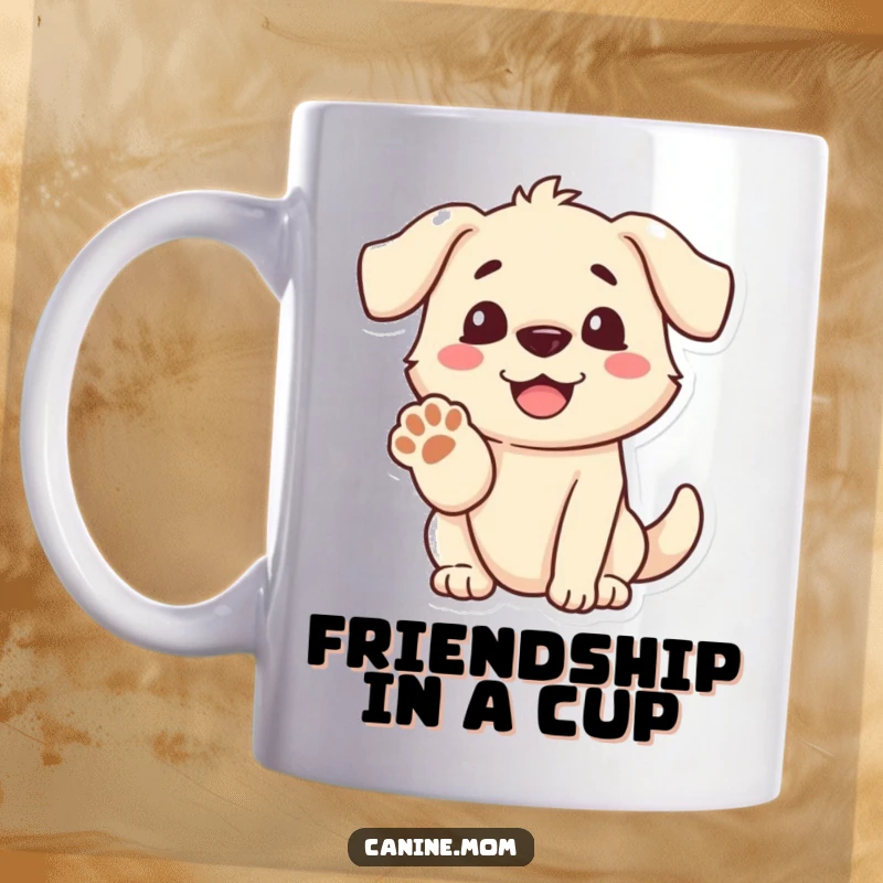 Funny dog mug featuring a happy dog with a wide smile, extending its paw for a friendly greeting, warm and inviting.