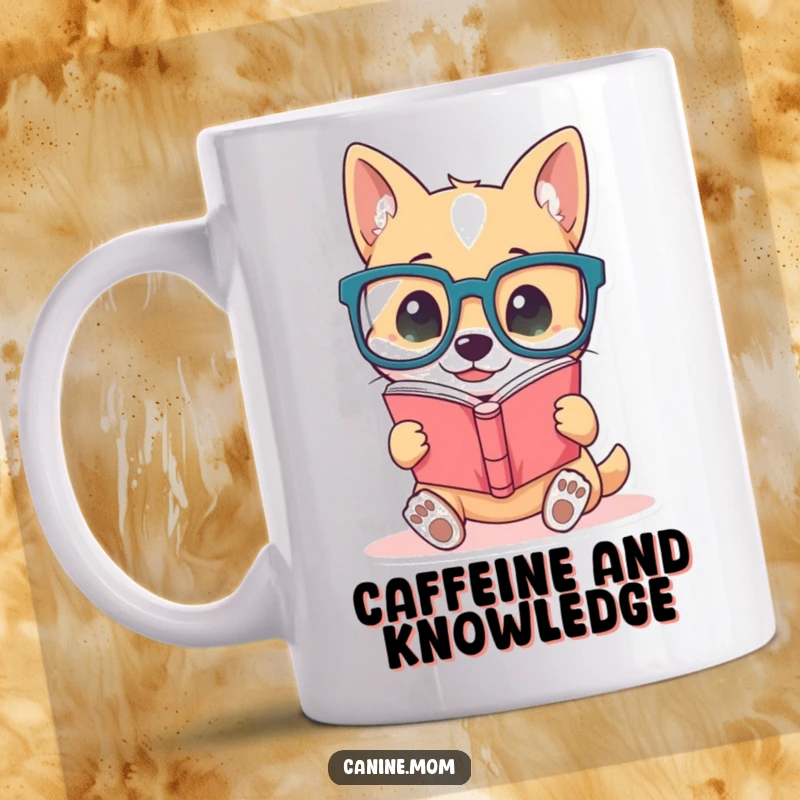Funny dog character mug, wearing large glasses, intently reading a book, conveying a studious and humorous personality.