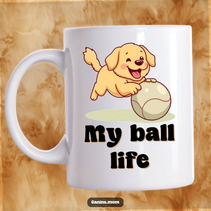 Funny Golden Retriever Mug: A happy golden retriever joyfully plays fetch with an oversized ball, embodying pure canine enthusiasm.
