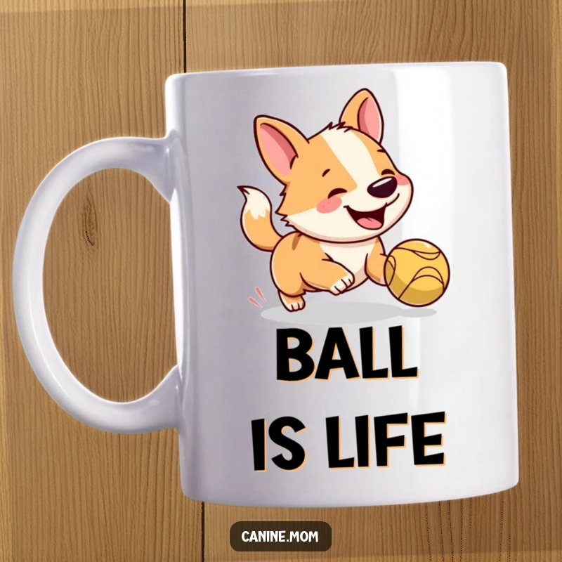 Funny dog mug with a happy dog mid-chase, tail wagging furiously, eyes locked on a bouncing ball, pure excitement.